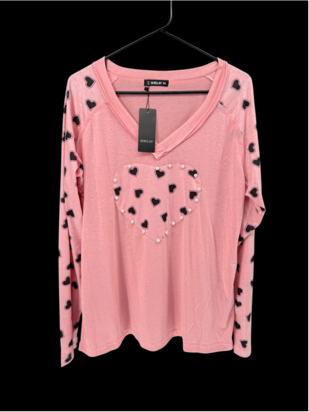 Women's SHEILAY Long Sleeve Tee, XXL, Pink and Black Heart Print